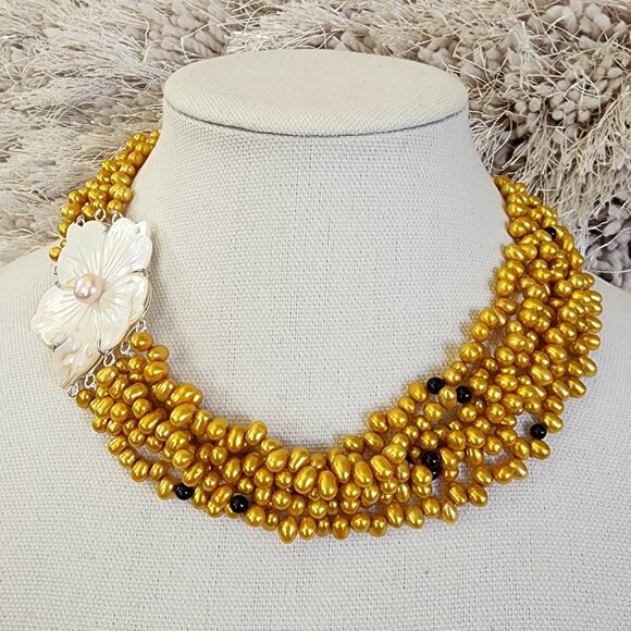 Multi Strand Freshwater Gold Pearl Necklace Choker 925 Sterling Silver Clasp